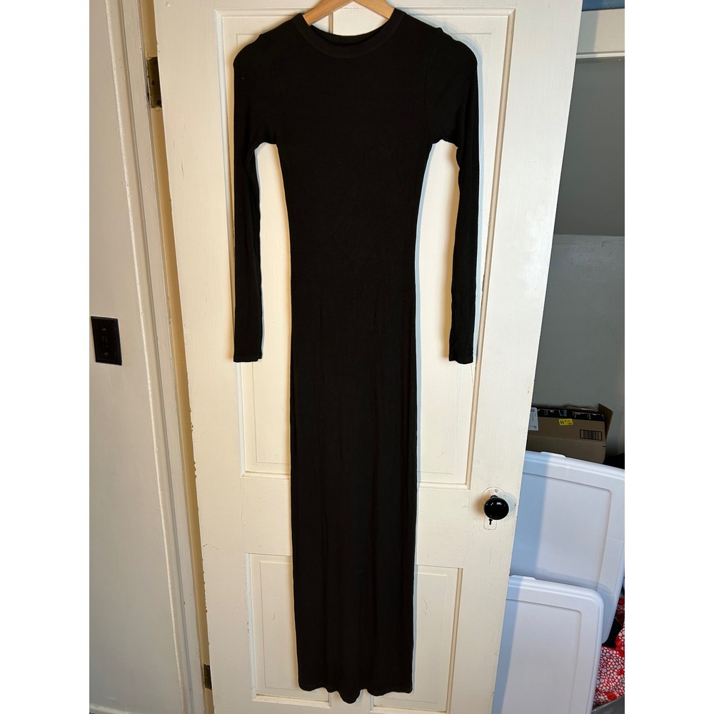 Enza Costa Silk Blend Ribbed Maxi Dress Dark Olive Green Long Sleeve XS SRS5614
